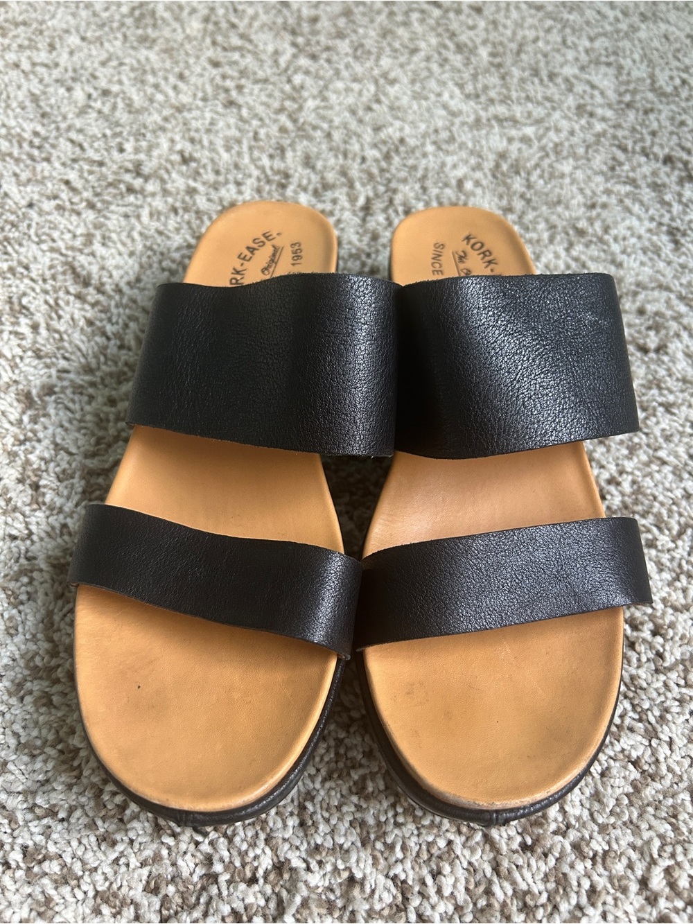 Kork-Ease Women’s Black Double-Strap Platform Slide Sandals with Tan Footbed